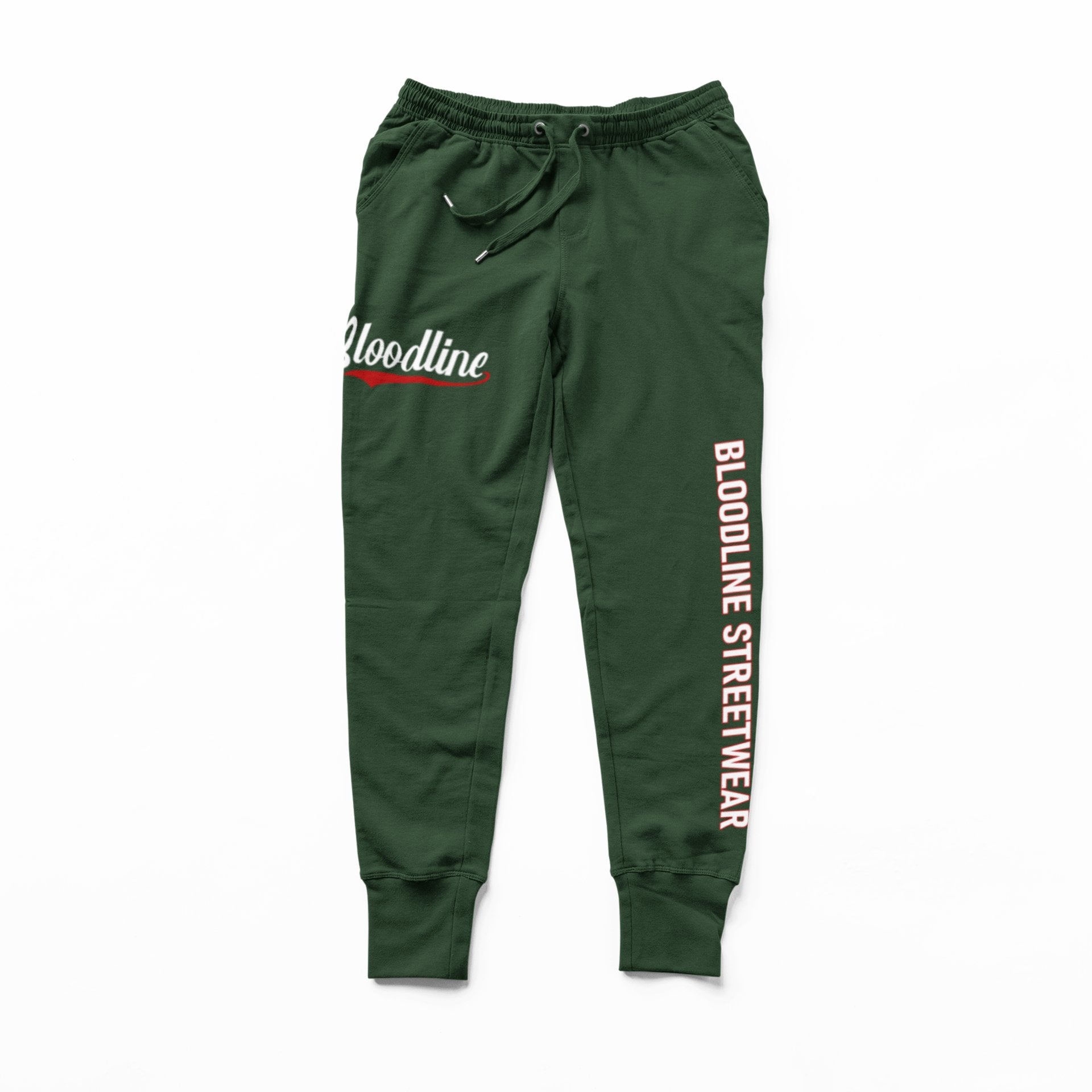 Forest green sweatpants with 'Bloodline Street Wear' branding on a white background