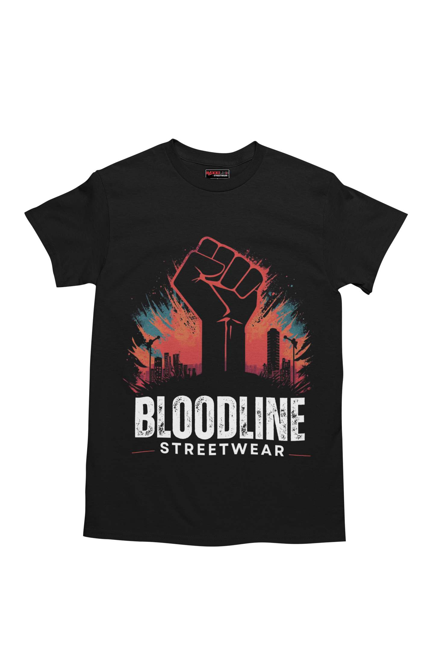 Black t-shirt with a fist graphic and 'Bloodline Streetwear' text on a white background
