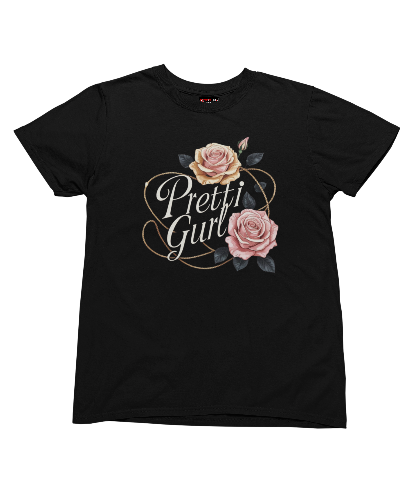 Black t-shirt with 'Pretti Gurl' and floral design on a white background