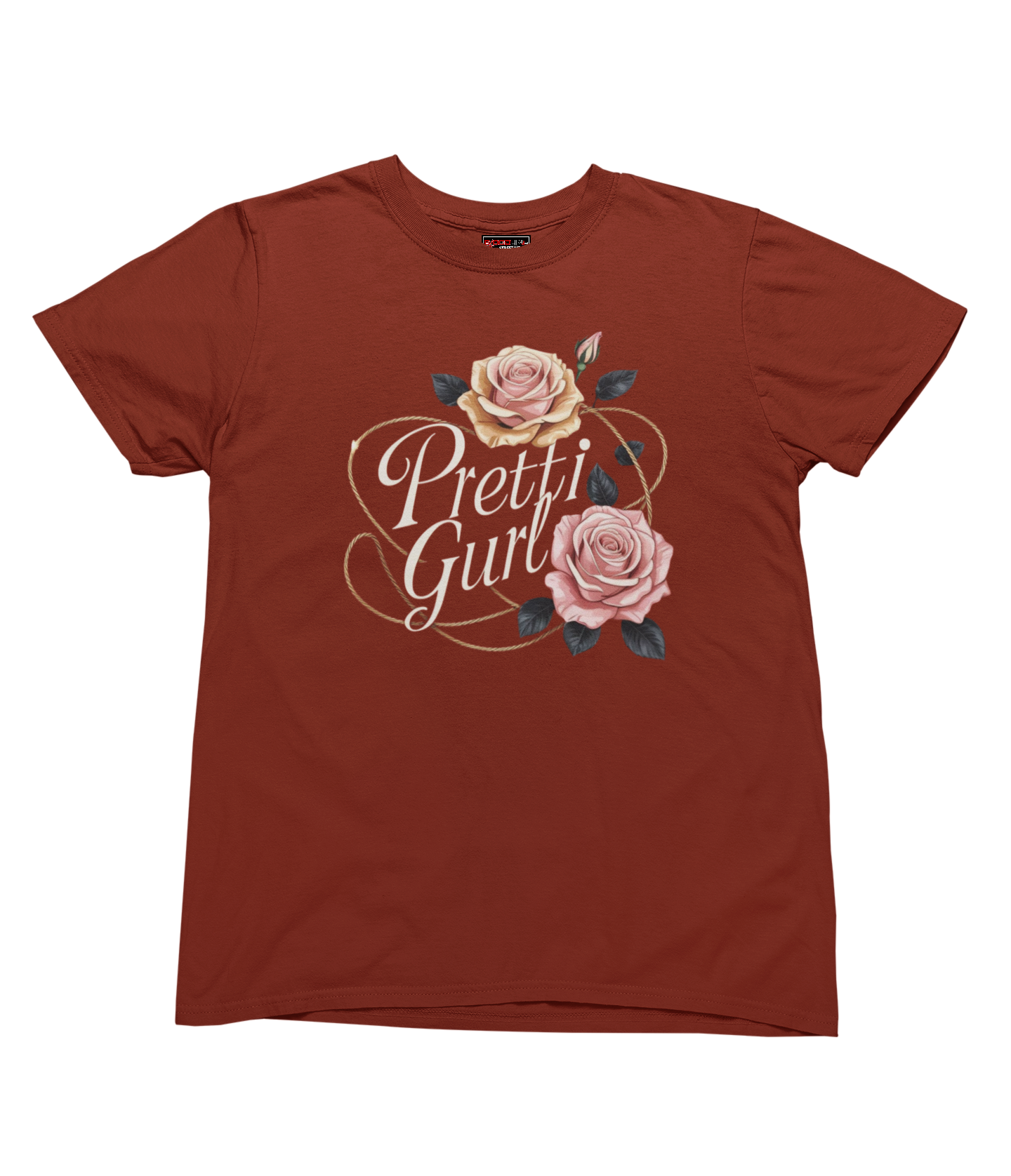 maroon t-shirt with a graphic design and text on a white background