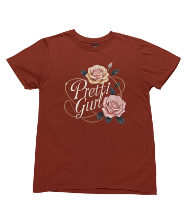 maroon t-shirt with a graphic design and text on a white background