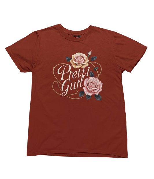 maroon t-shirt with a graphic design and text on a white background