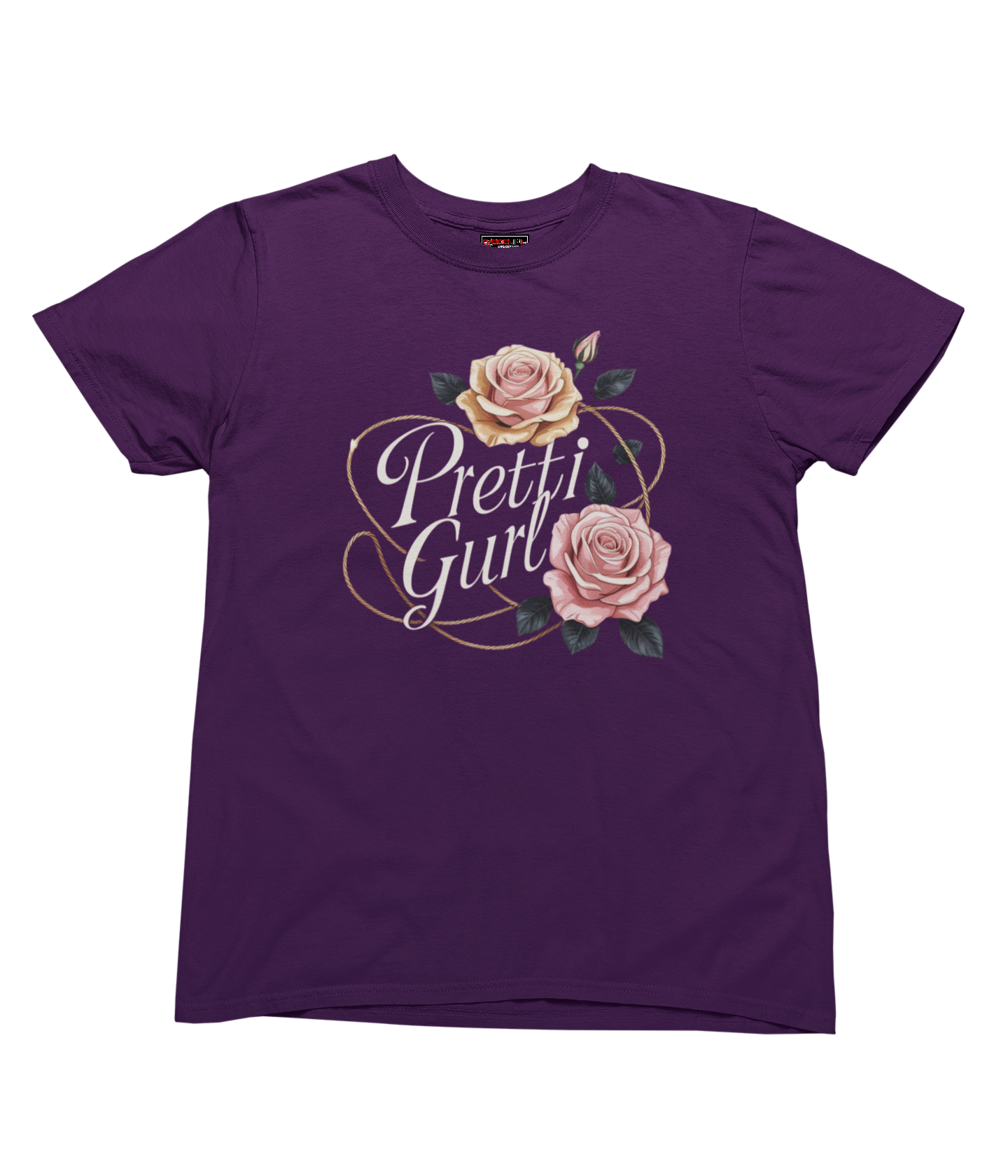 Purple t-shirt with 'Pretti Girl' text and floral designs on a white background