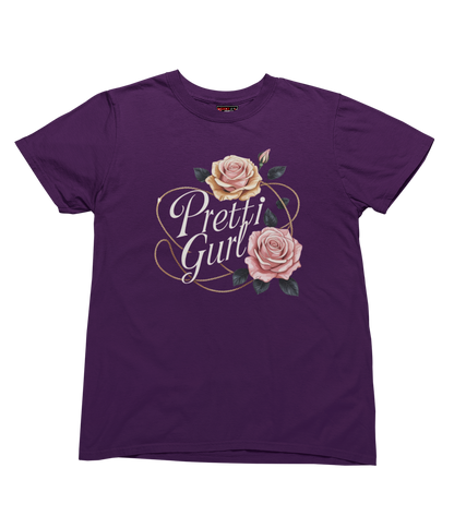 Purple t-shirt with 'Pretti Girl' text and floral designs on a white background