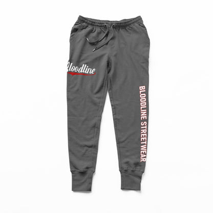Ashpalt sweatpants with 'Bloodline Street Wear' text on a white background