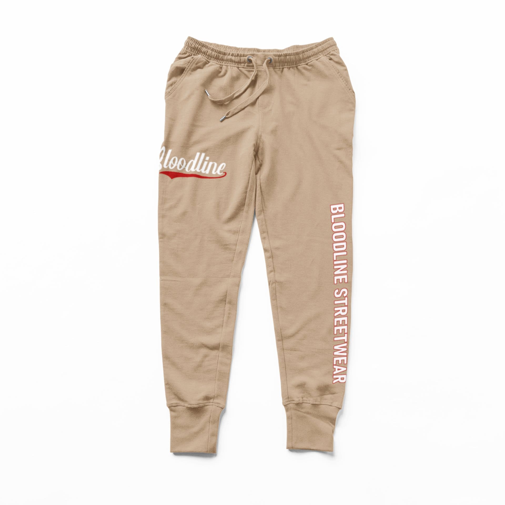 Tan sweatpants with 'Bloodline Street Wear' text on a white background