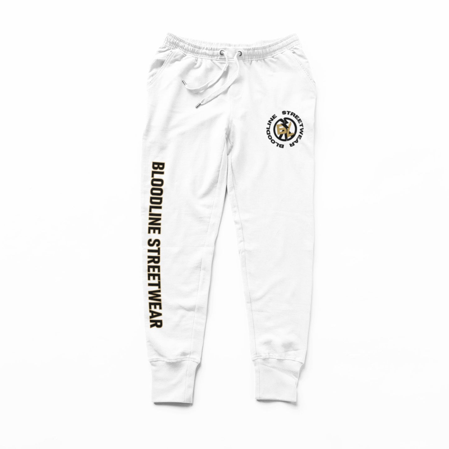 White sweatpants with branding on a white background