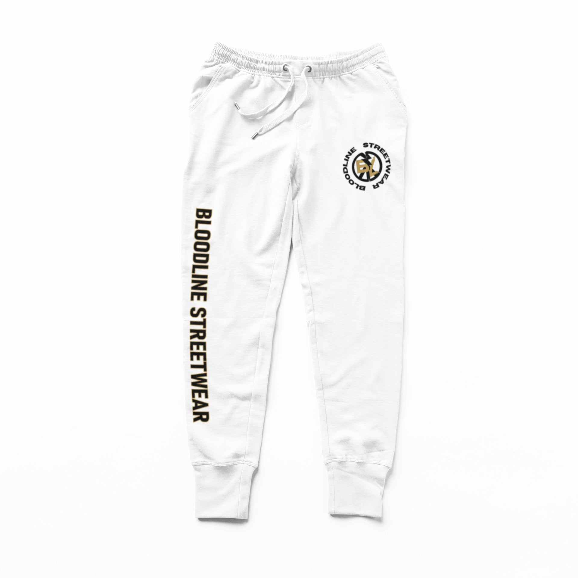 White sweatpants with branding on a white background