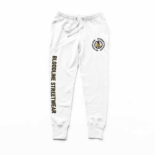 White sweatpants with branding on a white background