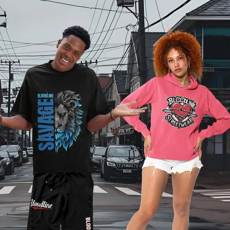 Two people wearing 'Bloodline' branded clothing on a city street.