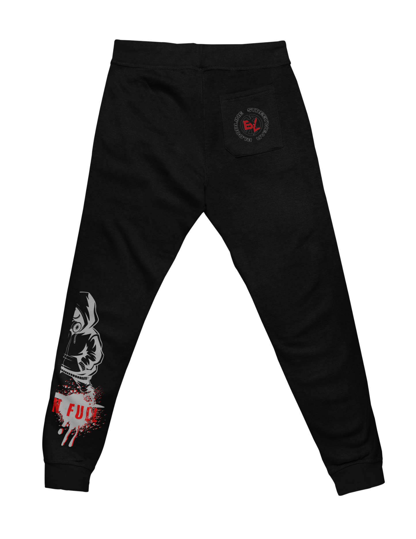 Black sweatpants with graphic design on a white background