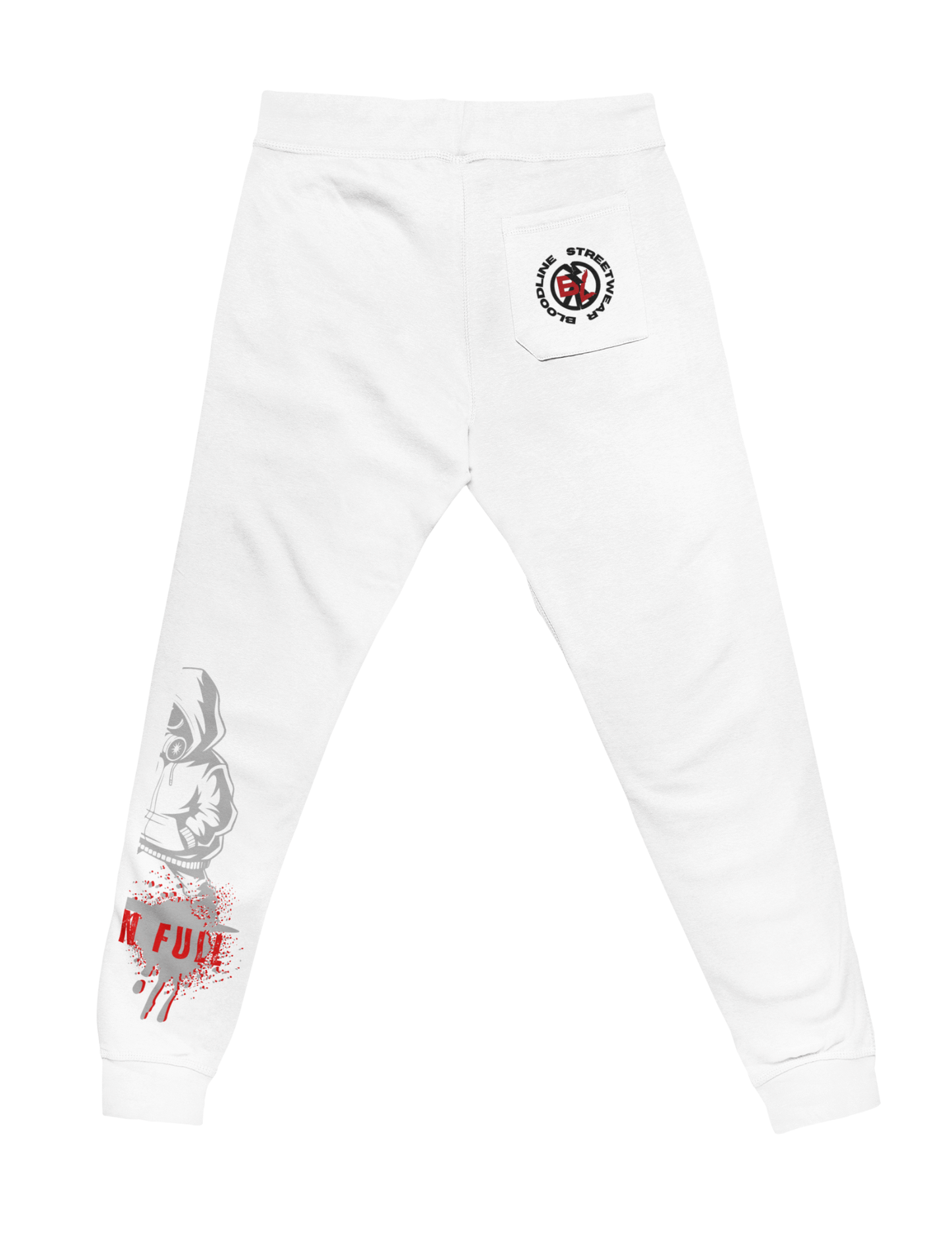 White sweatpants with graphic designs on a white background