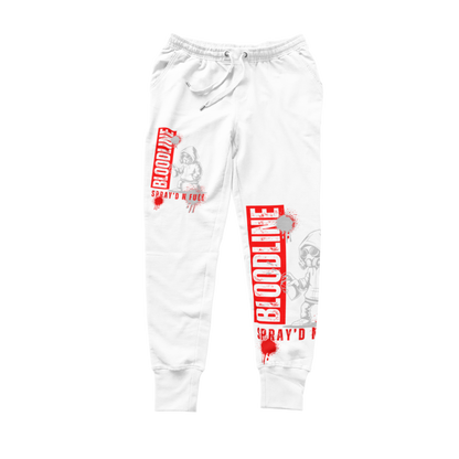 White sweatpants with red and black graphics on a white background