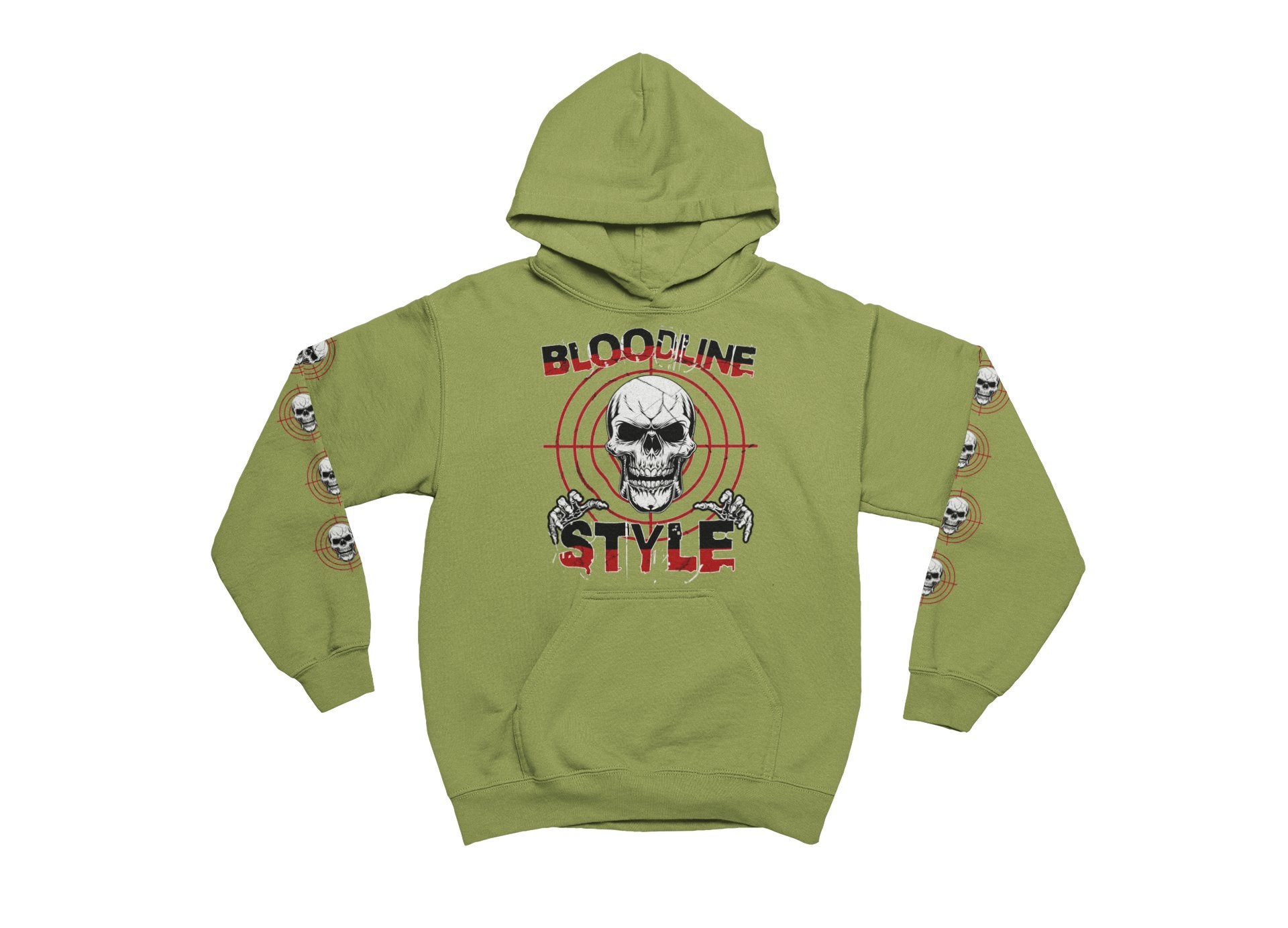 Kiwi hoodie with skull design and text on a white background