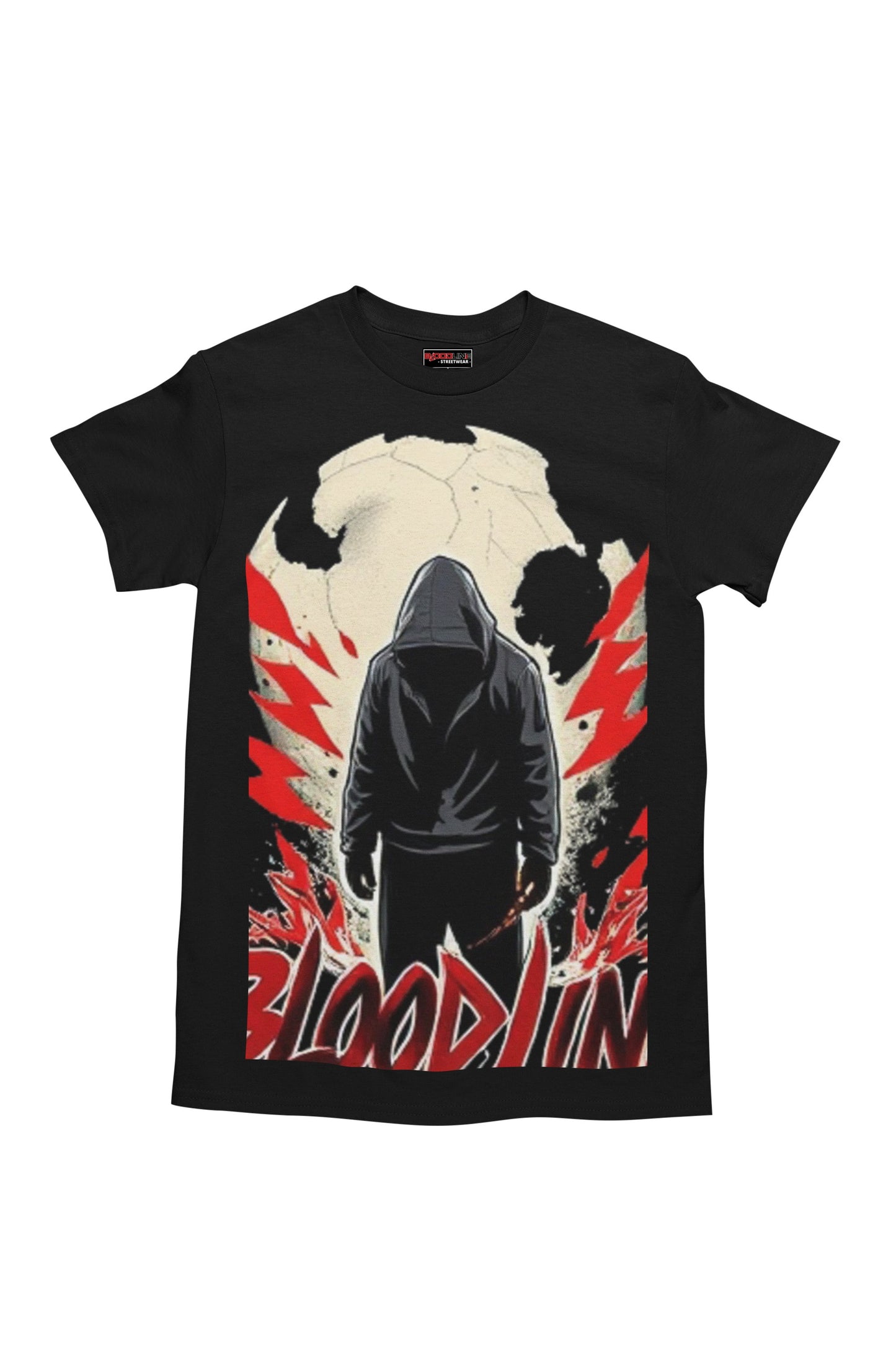 Black t-shirt with a graphic design of a hooded figure and red text on a white background