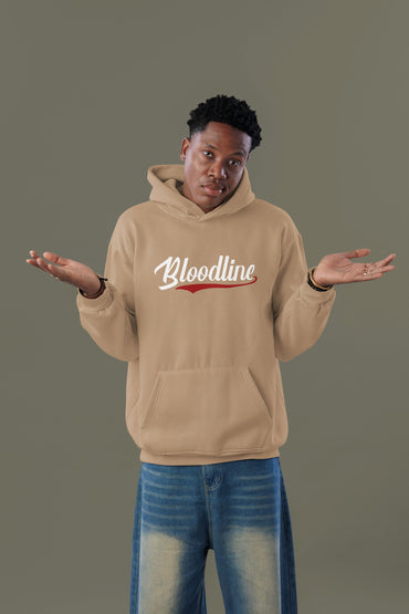 Person wearing a beige hoodie with 'Bloodline' logo on a gray background