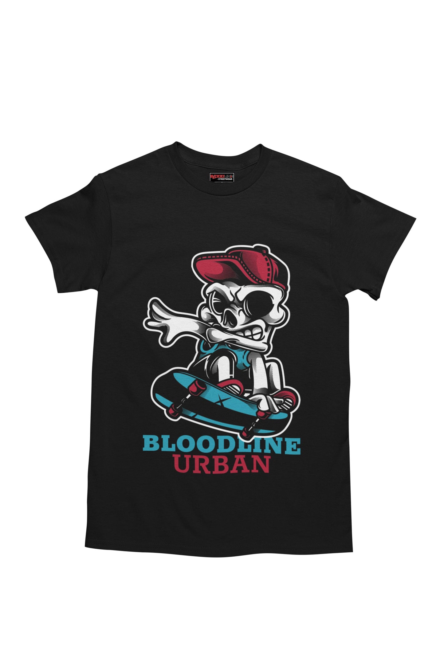 Black t-shirt with a graphic design of a skeleton on a skateboard and 'Bloodline Urban' text, on a white background.