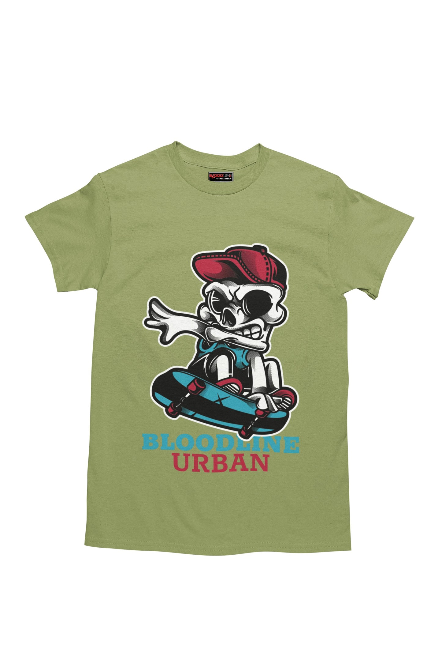 Kiwi t-shirt with a skeleton on a skateboard graphic and 'Bloodline Urban' text.