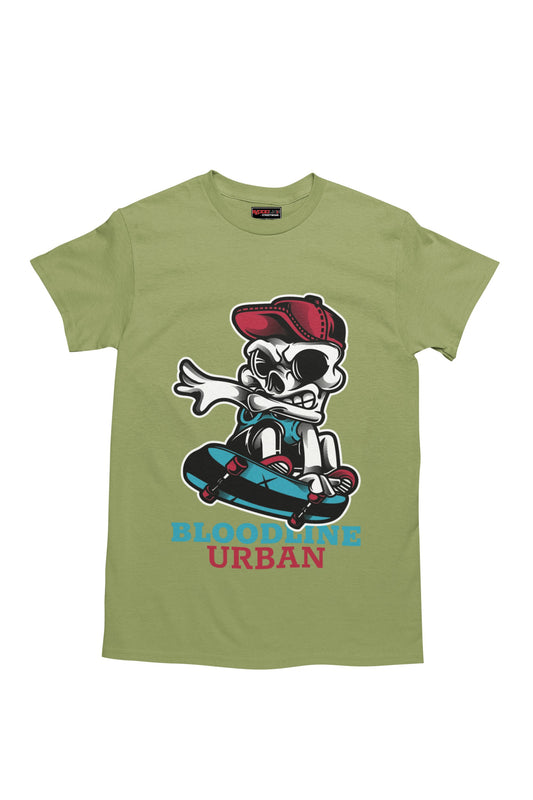 Kiwi t-shirt with a skeleton on a skateboard graphic and 'Bloodline Urban' text.