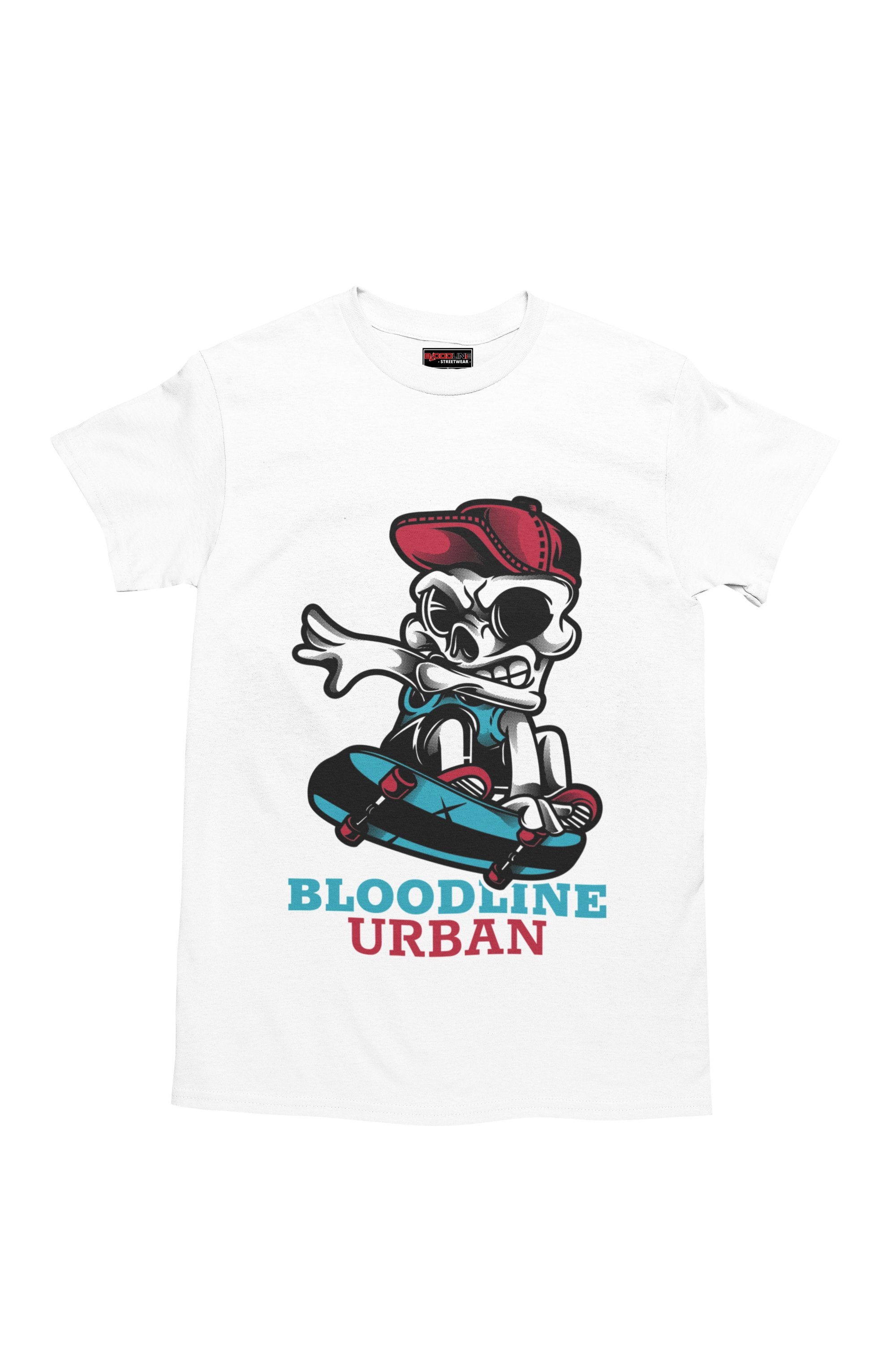 White t-shirt with a skeleton on a skateboard and 'Bloodline Urban' text on a white background