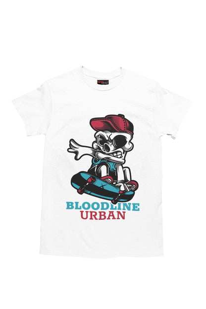 White t-shirt with a skeleton on a skateboard and 'Bloodline Urban' text on a white background