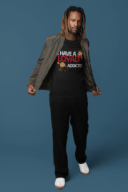 Person wearing a black t-shirt with text and graphics on a blue background