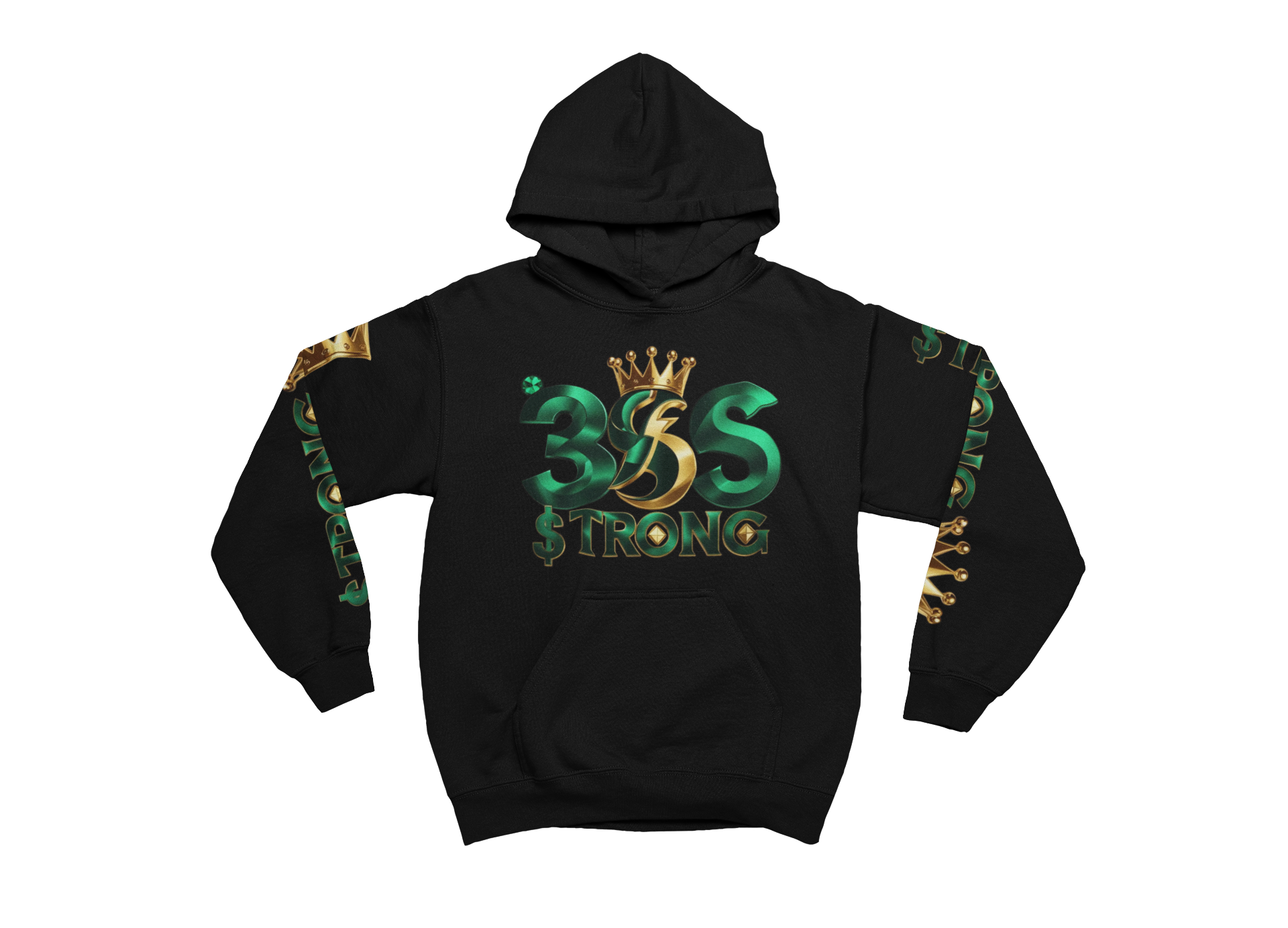 Black hoodie with 'B3S Strong' logo on a white background