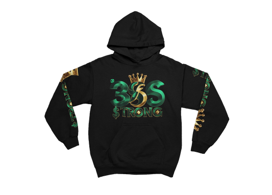 Black hoodie with 'B3S Strong' logo on a white background