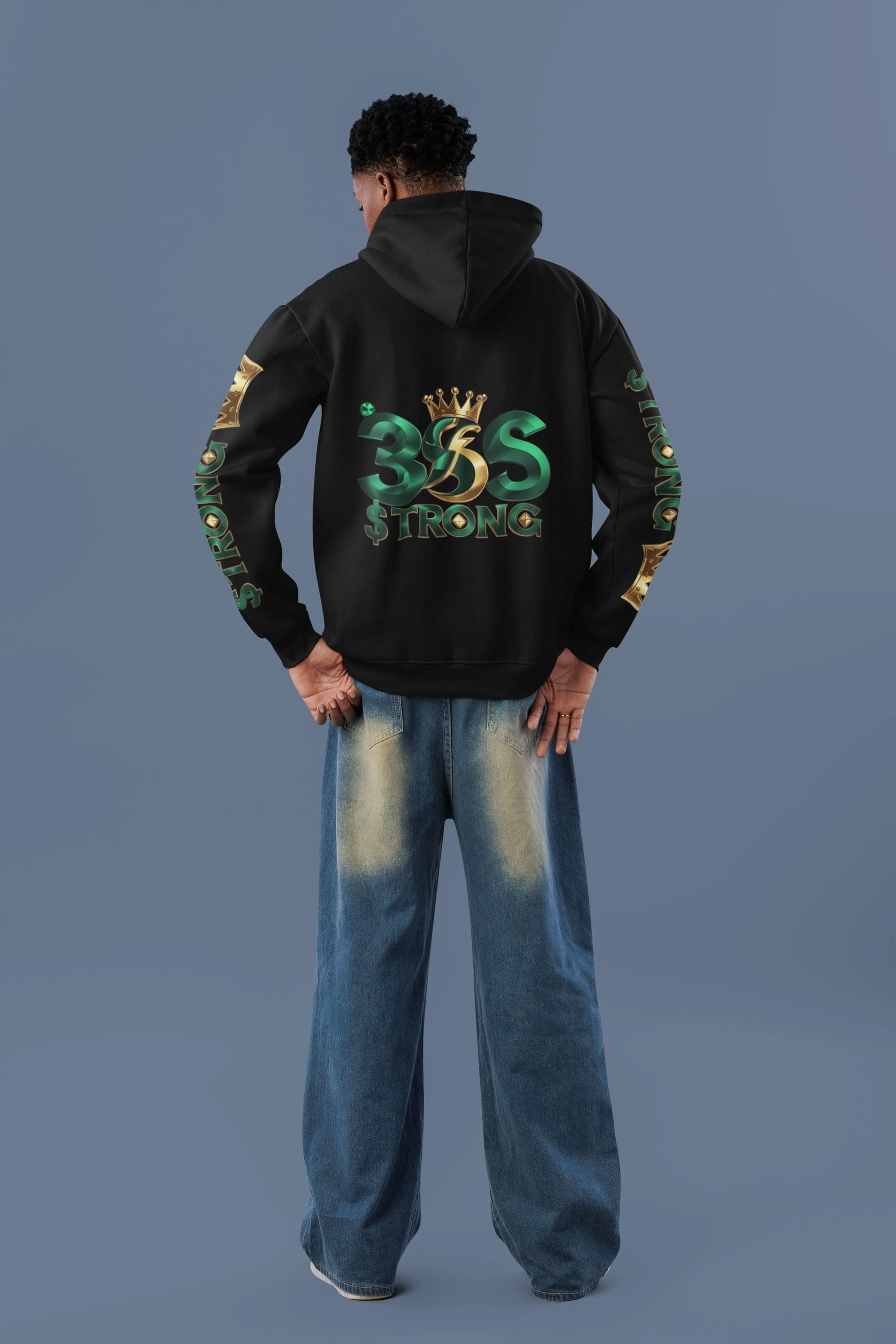 Person wearing a black hoodie with '305 Strong' text and graphics on the back, standing against a gray background.