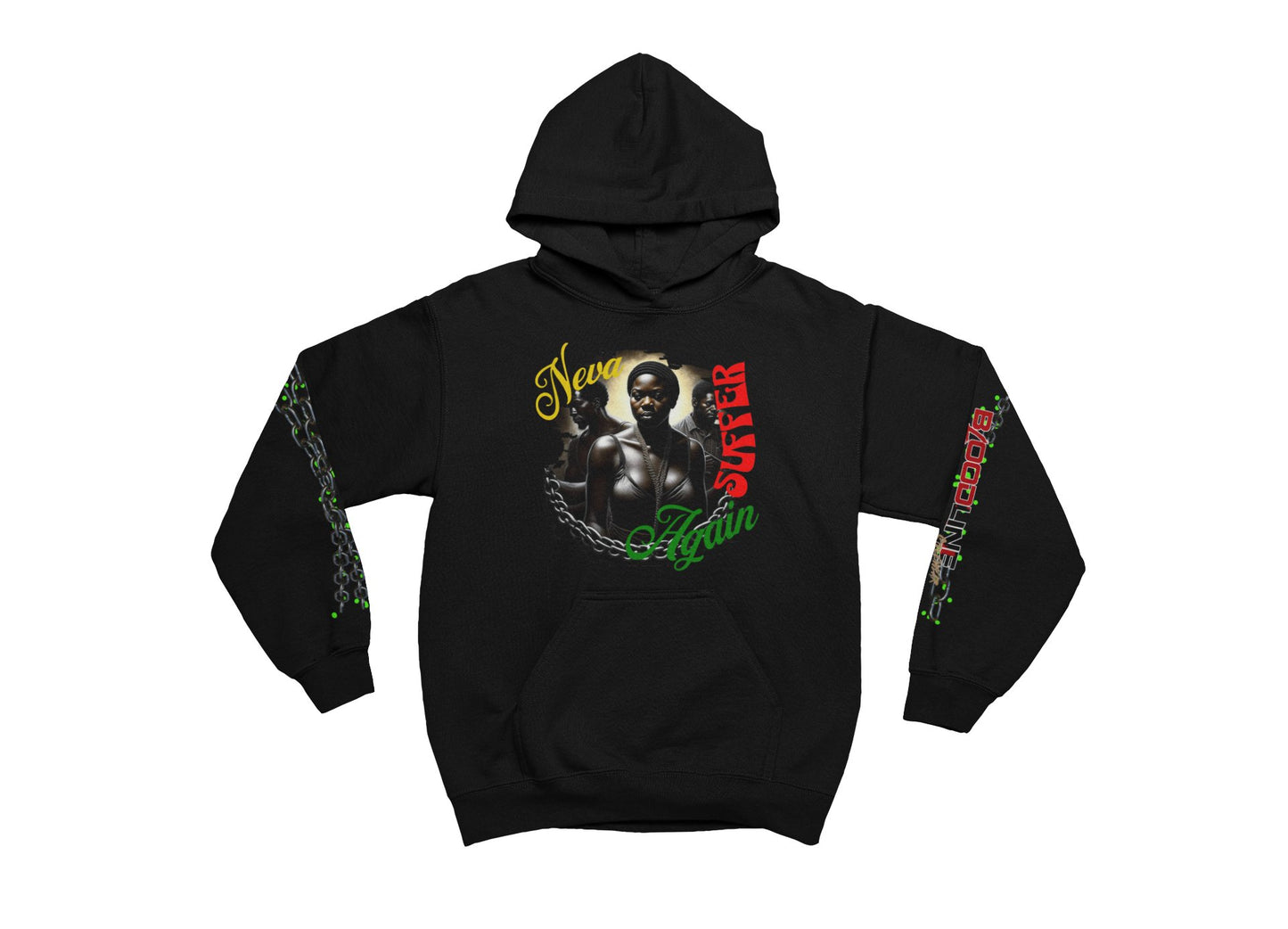 Black hoodie with graphic design on a white background