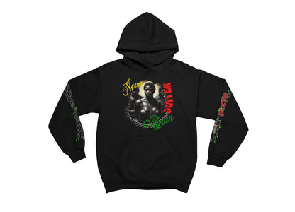 Black hoodie with graphic design on a white background