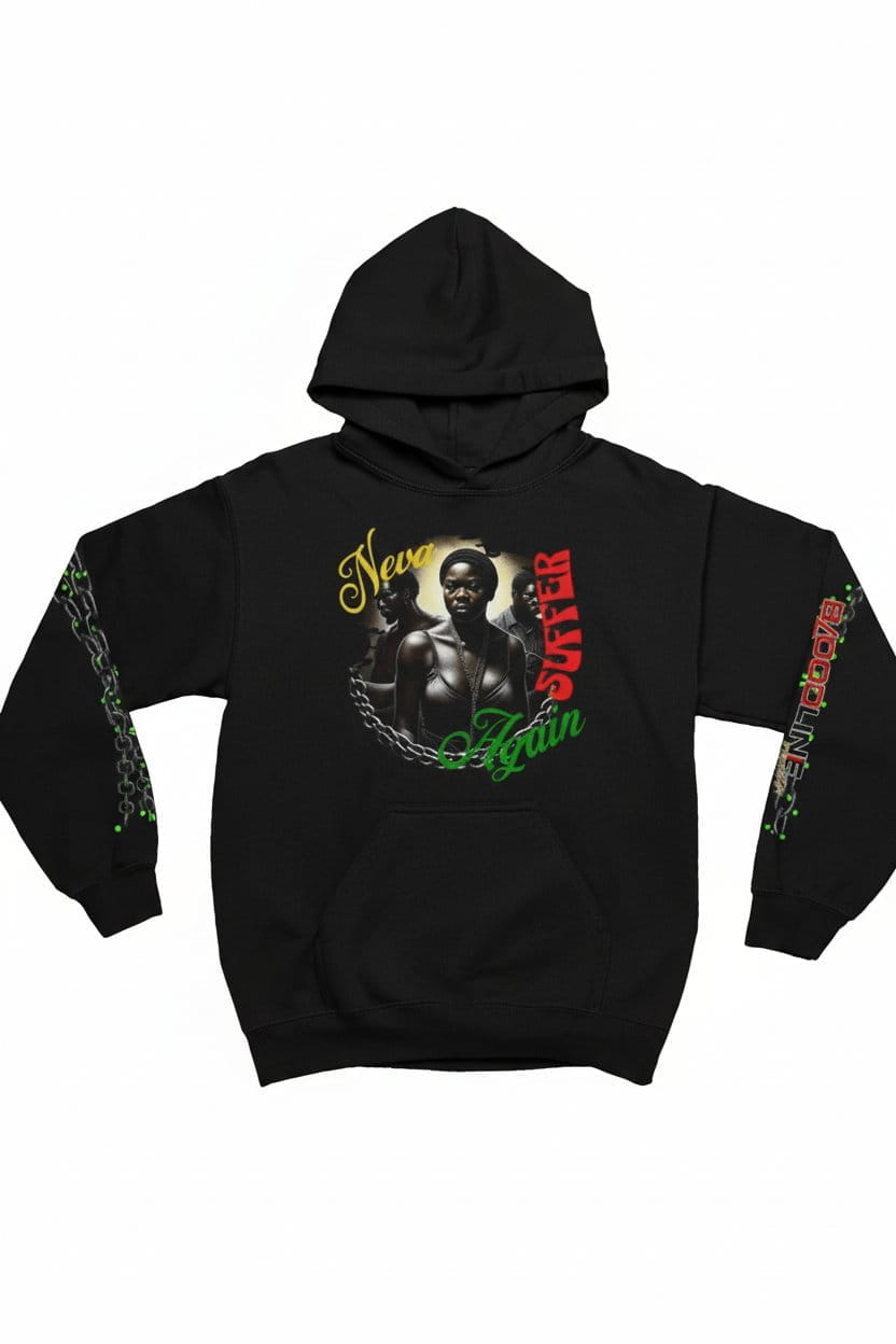 Black hoodie with colorful graphic design on a white background
