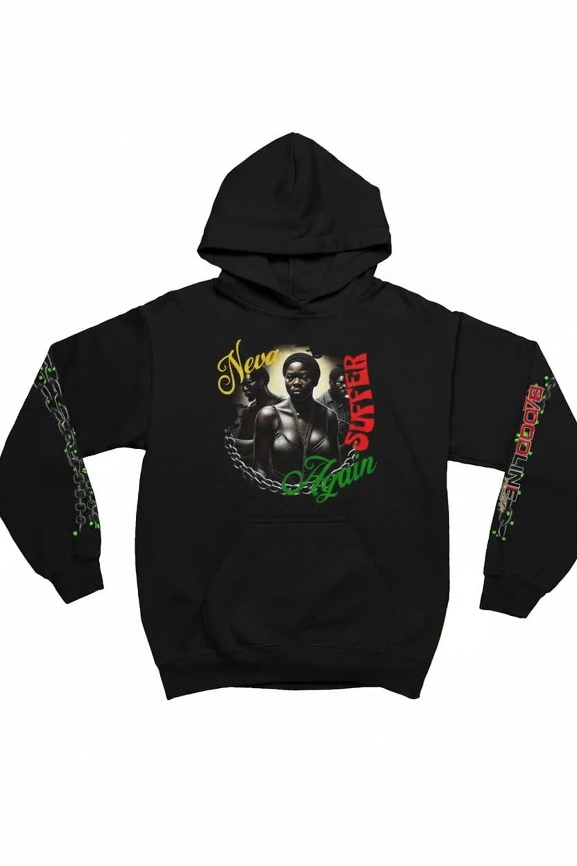 A black pullover hoodie featuring a graphic print on the front with a portrait of a man, the words 'Never Suffer' in yellow and red, and green chain details on the sleeves.