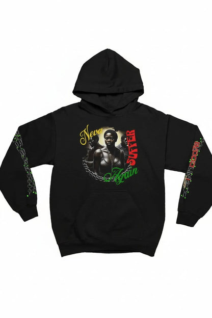A black pullover hoodie featuring a graphic print on the front with a portrait of a man, the words 'Never Suffer' in yellow and red, and green chain details on the sleeves.