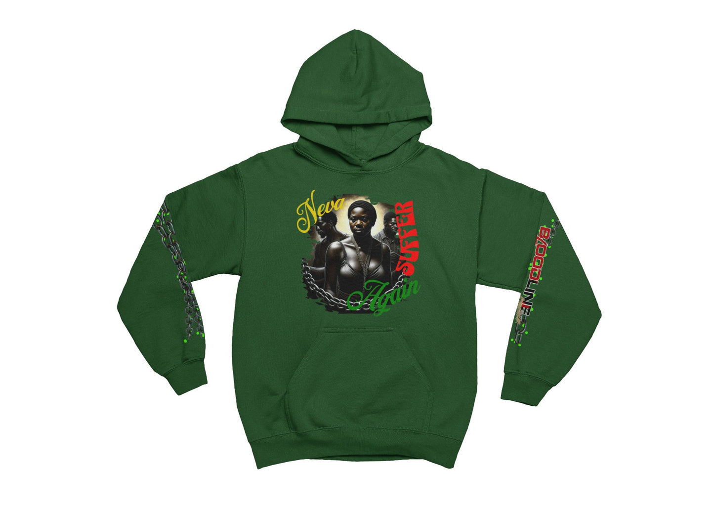 Green hoodie with graphic design on a white background
