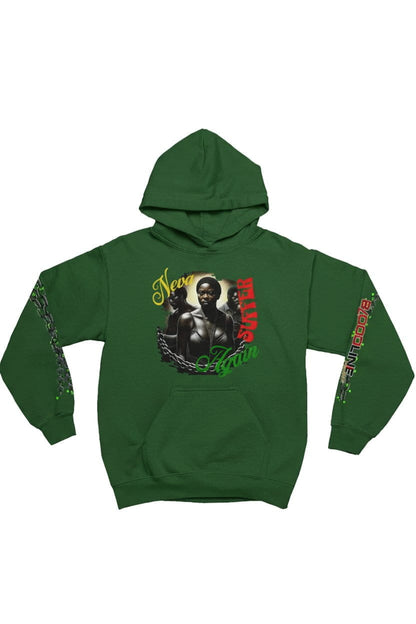 Green hoodie with graphic design on a white background