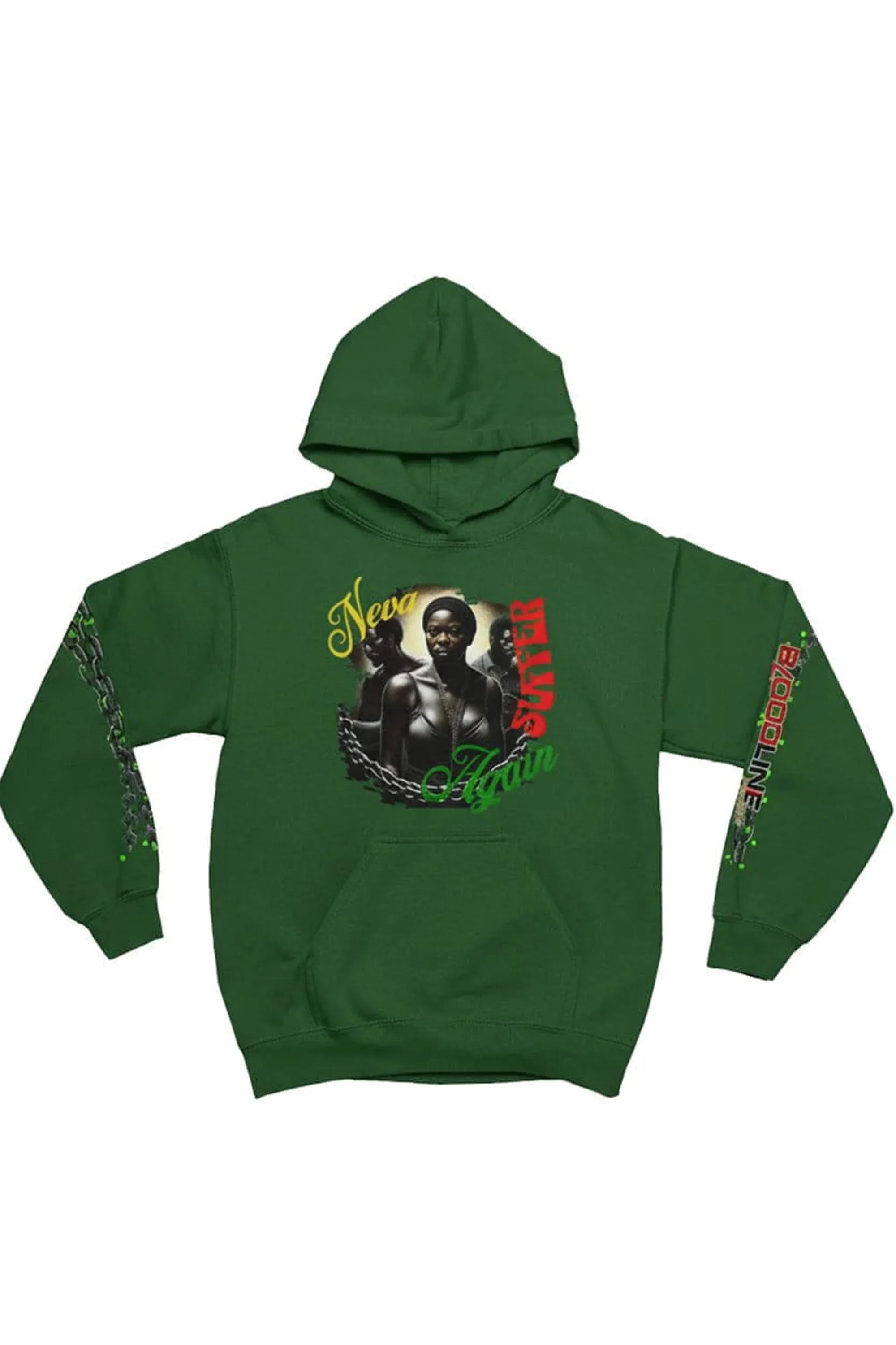 Green hoodie with graphic design on a white background