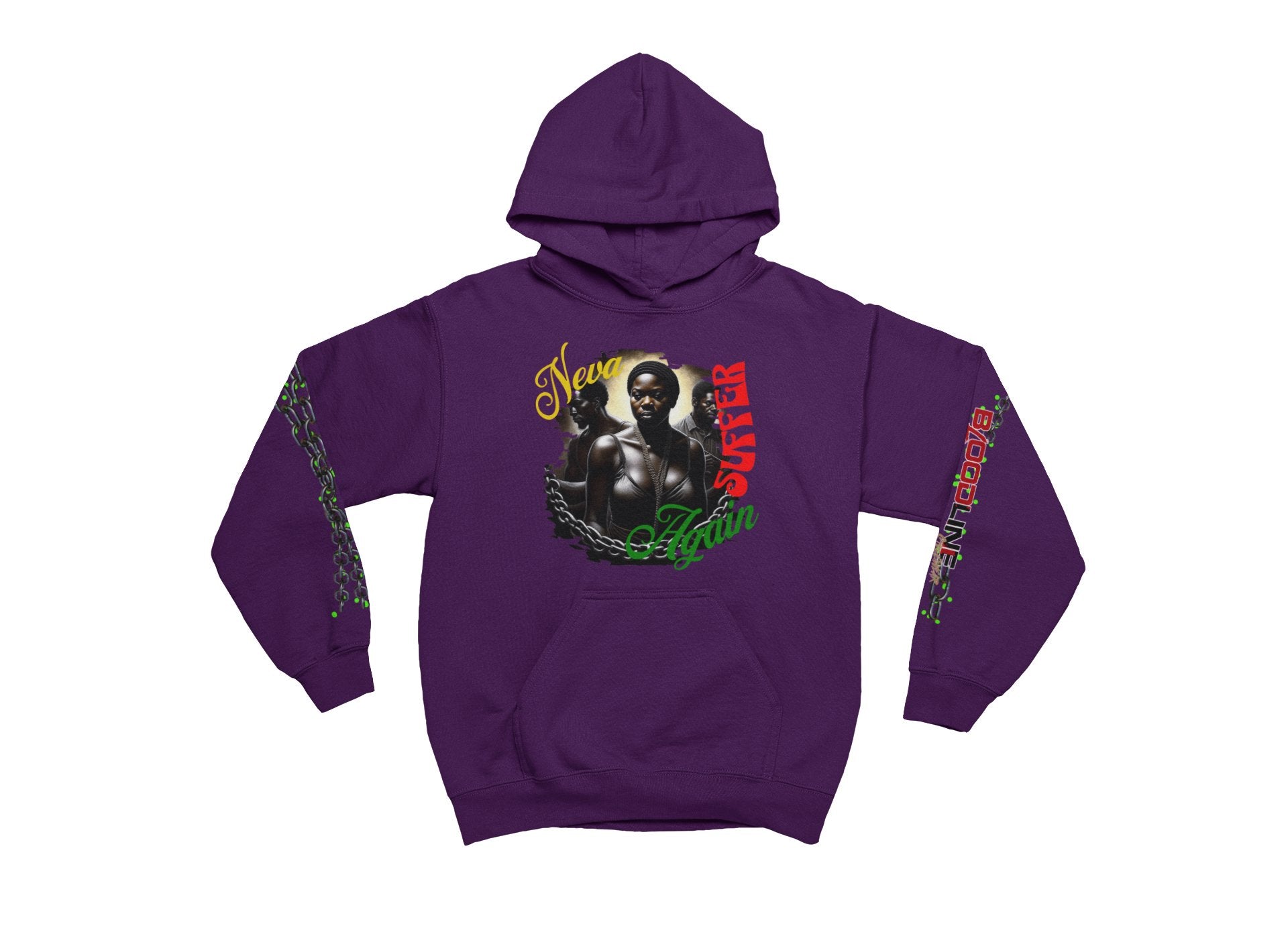 Purple hoodie with graphic design on a white background