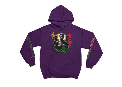 Purple hoodie with graphic design on a white background