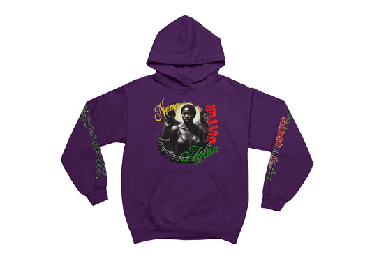 Purple hoodie with graphic design on a white background