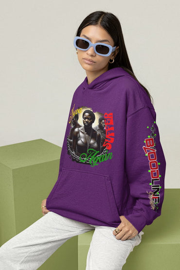 Person wearing a purple hoodie with graphic design on a light background