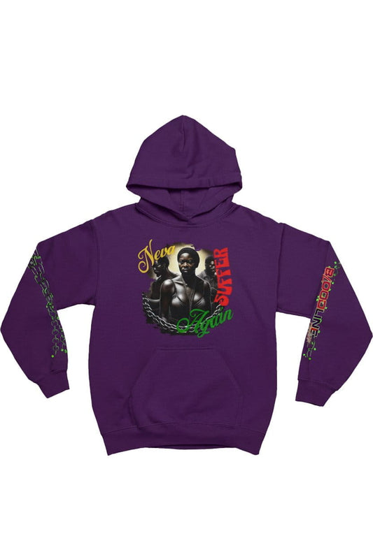 Purple hoodie with graphic design on a white background