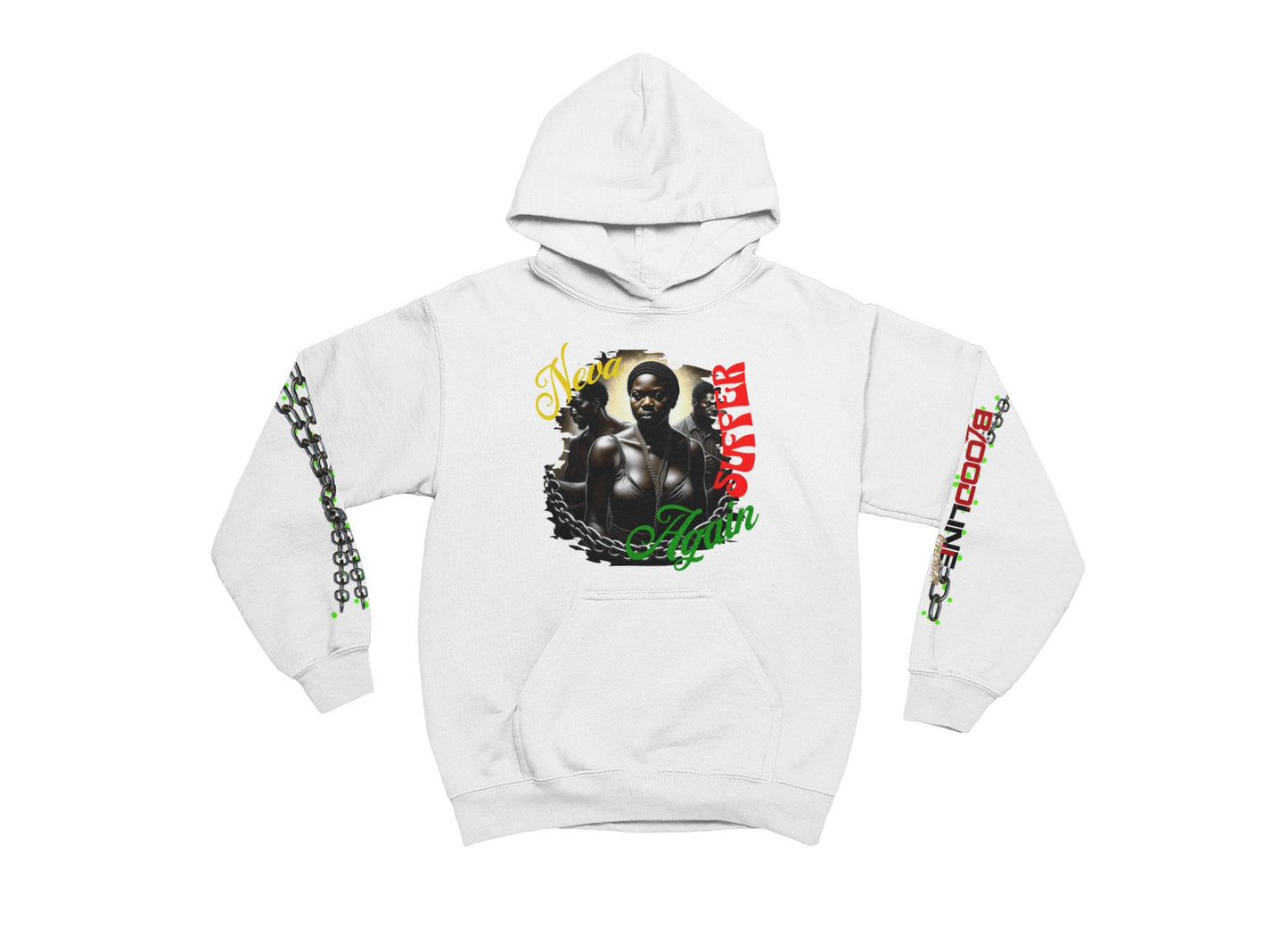 White hoodie with graphic design on a white background