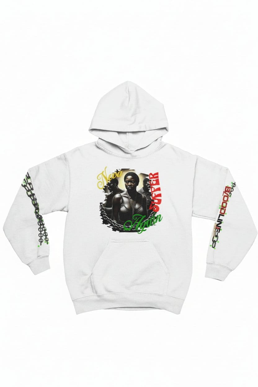 White hoodie with graphic design on a white background