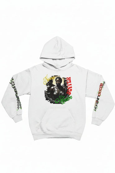 White hoodie with graphic design on a white background