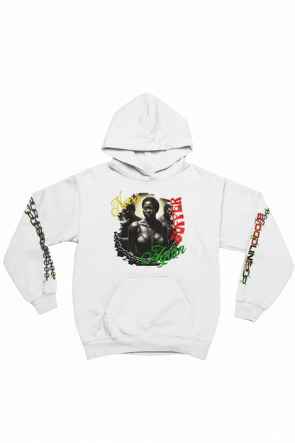 White hoodie with graphic design on a white background