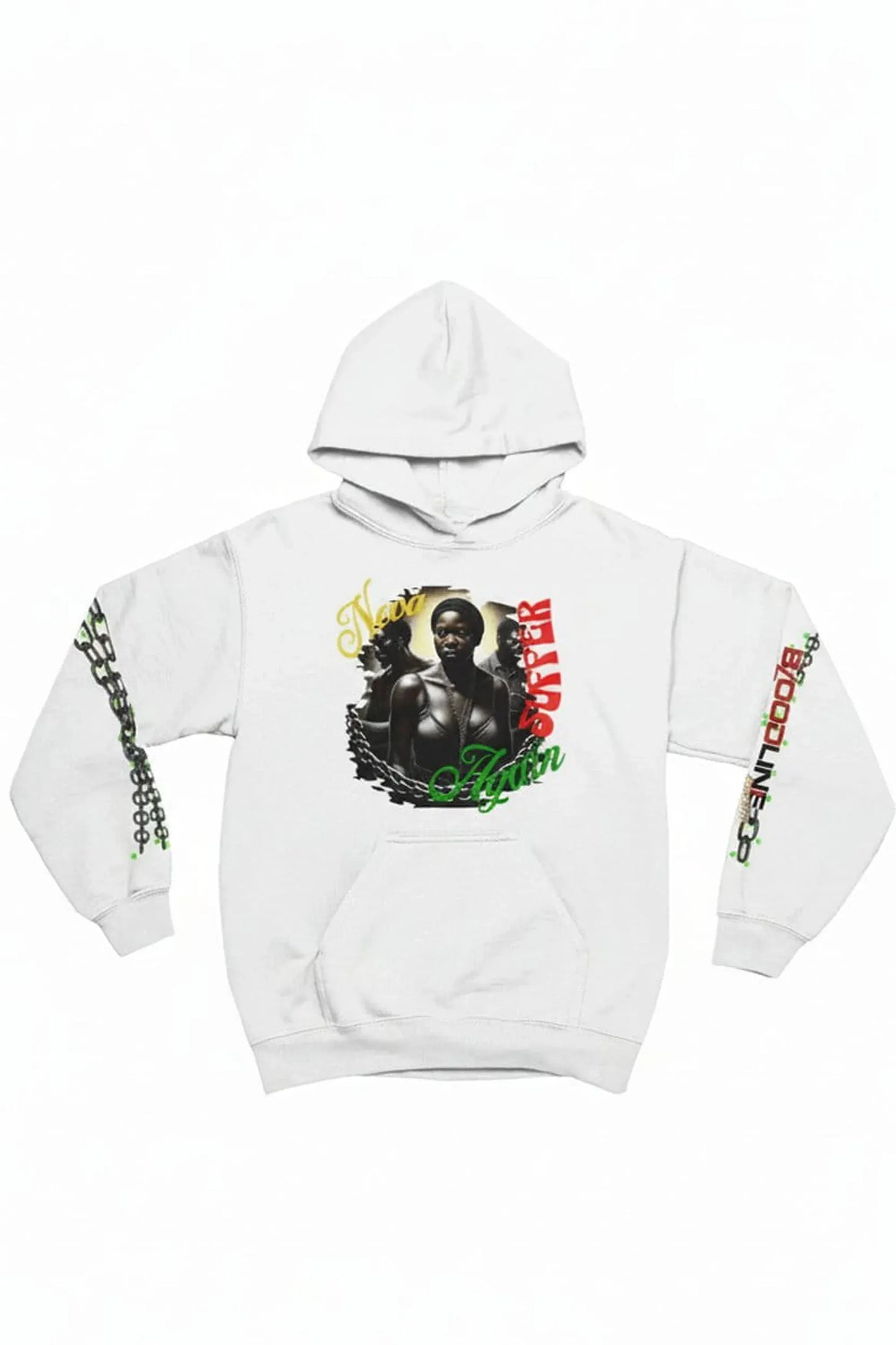 A white pullover hoodie surrounded by yellow and green text, with green and red chain-link patterns down both sleeves.