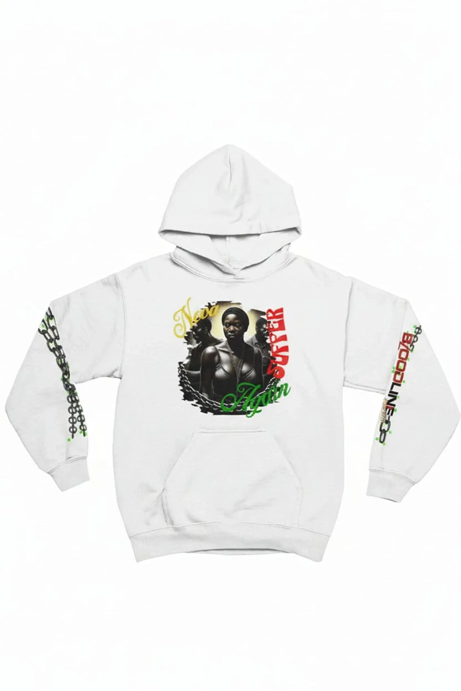A white pullover hoodie surrounded by yellow and green text, with green and red chain-link patterns down both sleeves.