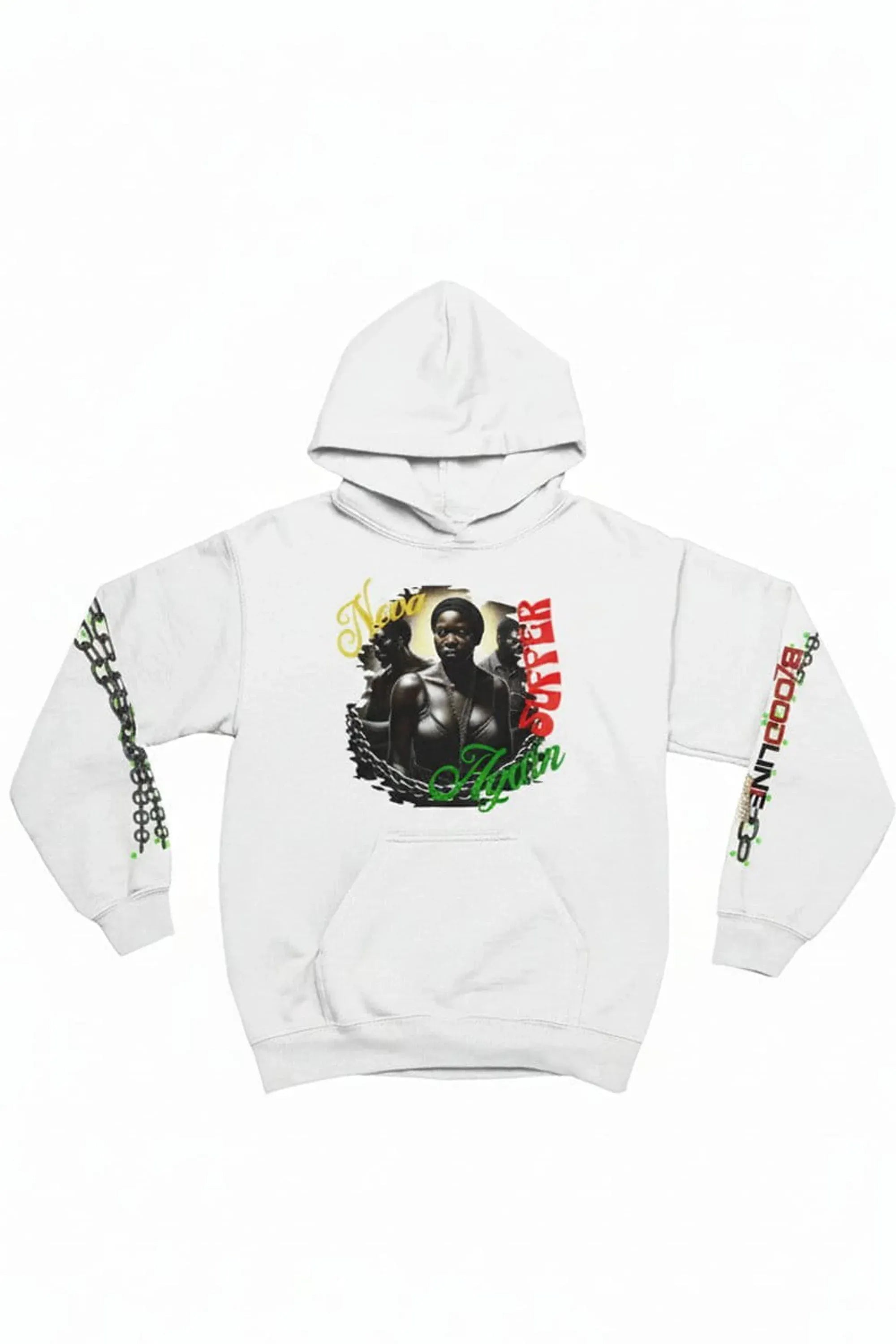 A white pullover hoodie surrounded by yellow and green text, with green and red chain-link patterns down both sleeves.