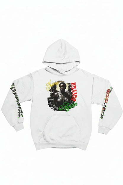 A white pullover hoodie surrounded by yellow and green text, with green and red chain-link patterns down both sleeves.